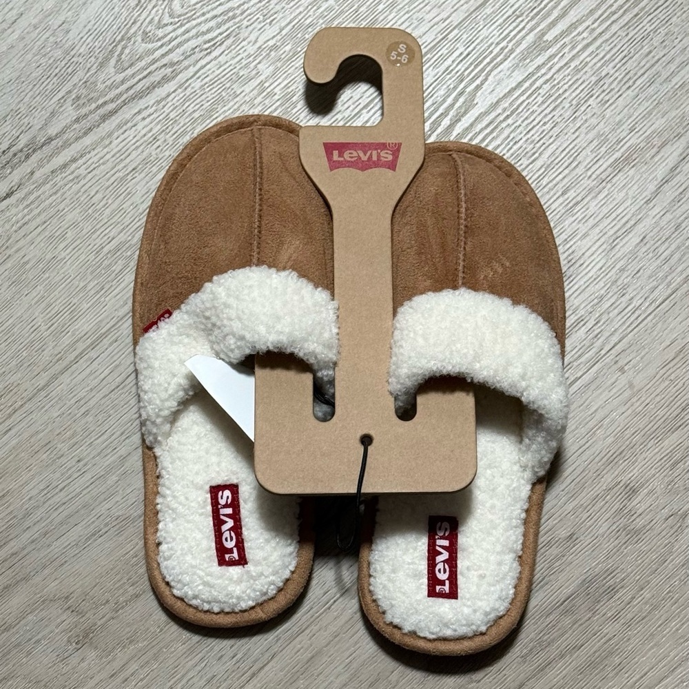 Levi's Tan Suede-Look Sherpa Slide Slippers with White Lining